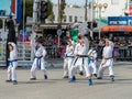 Participants of the Karate section show their skills at the carnival of Adloyada in Nahariyya, Israel