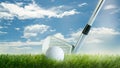 Golf ball with golf club on fairway in front of blue sky