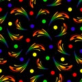Seamless vector pattern: abstract rainbow feathers between colorful dots on a black background Royalty Free Stock Photo