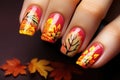 Nail art, autumn leaves design, illustration generated by AI Royalty Free Stock Photo