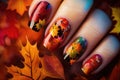 Nail art, autumn leaves design, illustration generated by AI Royalty Free Stock Photo