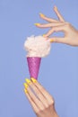 Nail Art. Hands With Colorful Nails And Cotton Sugar Ice Cream Royalty Free Stock Photo