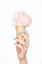 Nail Art. Hands With Colorful Nails And Cotton Sugar Ice Cream Royalty Free Stock Photo