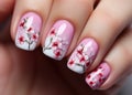 Nail art, pink spring blossom design, illustration generative AI Royalty Free Stock Photo