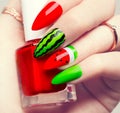 Nail art. Watermelon style bright manicure