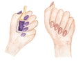 Nail Beauty clipart set, Watercolor hand drawn hand with manicure illustration, Nail Polish set, Makeup Tool clip art, Pedicure Royalty Free Stock Photo