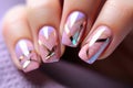 Nail design closeup hand art acrylic gel manicure fingernail nail design abstract.