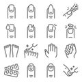 Nail manicure icon set vector illustration. Contains such icon as nail care, finger, toe separator, coat, glaze, paint, acrylic na Royalty Free Stock Photo