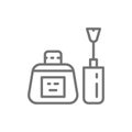 Nail polish bottle with brush, manicure base, nails gel line icon.