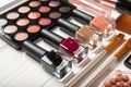 Nail polish and decorative cosmetics, close-up. Royalty Free Stock Photo