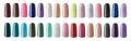 Nail polish in different fashion color. Colorful nail lacquer in tips isolated white background