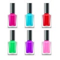 Nail polish isolated glass bottle colors. Realistic beauty manicure paint containers. Cosmetic female nail polish product