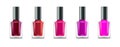 Nail polish isolated glass bottle colors. Realistic beauty manicure paint containers. Cosmetic female nail polish product