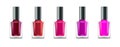 Nail polish isolated glass bottle colors. Realistic beauty manicure paint containers. Cosmetic female nail polish product
