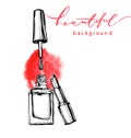 Nail polish and lipstick vector sketch in fashion style on white background. Cosmetics and fashion background Vector.