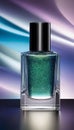 Bottle of a green glitter nail polish on a colorful background