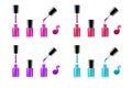 Nail polish set. Blue, pink and purple paint realistic opened closed bottle, brush and enamel drop