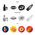 Nail polish, tinted eyelashes, lips with lipstick, hair clip.Makeup set collection icons in black, flat, monochrome Royalty Free Stock Photo