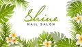 Nail salon business card design. Manicure beauty salon banner with tropic leaves and flower Royalty Free Stock Photo