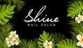 Nail salon business card design. Manicure beauty salon banner with tropic leaves and flower