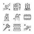 Nail service outline icons set. Manicure gel pedicure signs collection. Woman fashion vector illustration. Nail bar line icons. Royalty Free Stock Photo