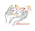 Beautiful female hands. Nail studio. Nail polish logo. Mixed media. Multicolored butterflies. vector illustration