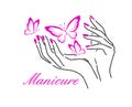 Beautiful female hands. Nail studio. Nail polish logo. pink butterflies. vector illustration