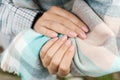 Nails care. Time for correction gel polish. Female hands and overgrown gel nails, close up. Hand care concept. Woman hands during