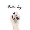 Nails day woman hand holding nail polish advertising. Fashion vector sketch. Female hand with bottles and typograph