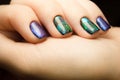 Nails. The design of broken glass. design of space Beautiful matte manicure. Combined manicure. Covering nail gel polish