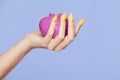 Nails Design. Female Hands With Colorful Nails Holding Apple