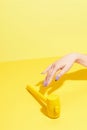 Nails Design. Hand With Colorful Nails On Yellow Background Royalty Free Stock Photo