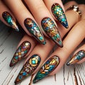 Nails designed to look like a stained glass window, with intri Royalty Free Stock Photo