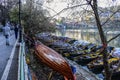 The colorful boats in beautiful Nainital lake in the morning, waiting for travelers. Royalty Free Stock Photo
