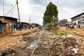 Nairobi, Kenya - August, 2019: Kibera slum in Nairobi with railroad and lots of garbage. Kibera is the biggest slum in Africa.
