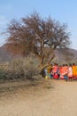 Nairobi - September 12, 2017, Massai people from a village standing under a tree in the desert