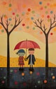 Naive Art Painting: Siblings Under A Single Umbrella