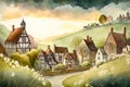 naive art watercolor of the quaint village in the springtime created by generative AI