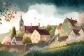naive art watercolor of the quaint village in the springtime created by generative AI