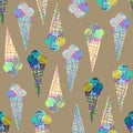 Naive childrens seamless pattern with ice cream hand-drawn in pencil