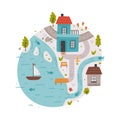 Naive City Map with Cartoon Road, Boat and House Vector Illustration