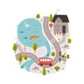 Naive City Map with Cartoon Road, Bus and House Vector Illustration