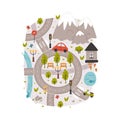 Naive City Map with Cartoon Road, Car and House Vector Illustration