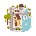 Naive City Map with Cartoon Road, Car and House Vector Illustration