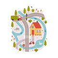 Naive City Map with Cartoon Road, Car and House Vector Illustration