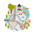 Naive City Map with Cartoon Road, Car and House Vector Illustration