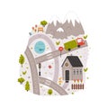 Naive City Map with Cartoon Road, Car and House Vector Illustration