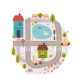 Naive City Map with Cartoon Road, Car and House Vector Illustration