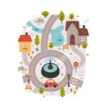 Naive City Map with Cartoon Road, Car and House Vector Illustration