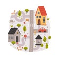 Naive City Map with Cartoon Road, Car and House Vector Illustration